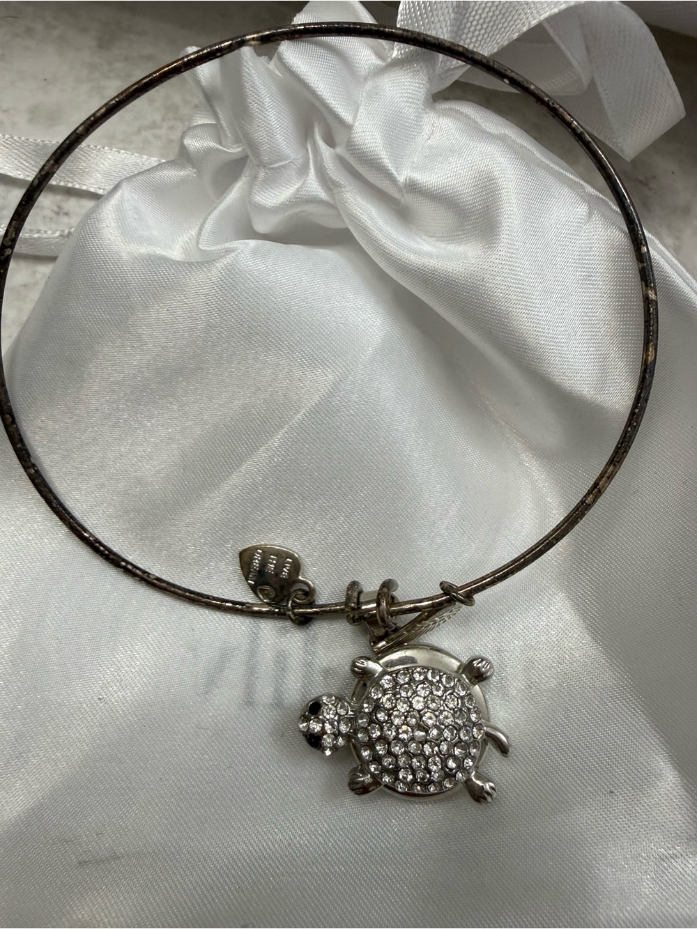 Turtle Crystal Charm Bangle Bracelet - Silver